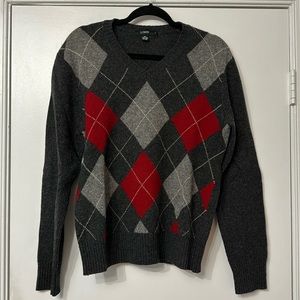 J Crew Argyle Grey & Red V-Neck 100% Lambs Wool Sweater Men’s Small